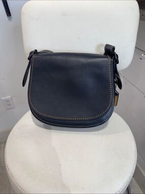 Coach Black Leather Crossbody Saddle Bag with Tan Stitching